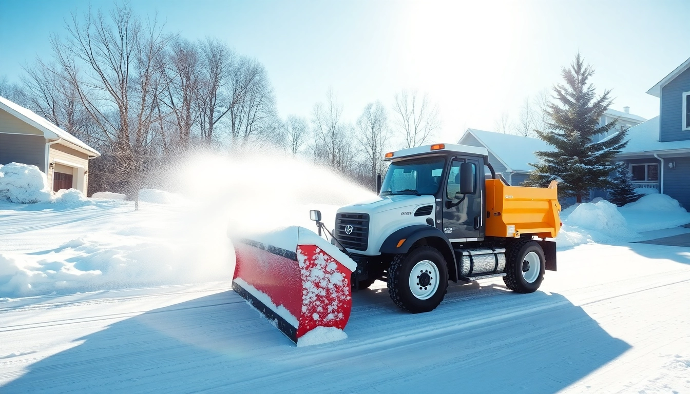 Snow removal service efficiently clearing a driveway, showcasing a snowplow in action.