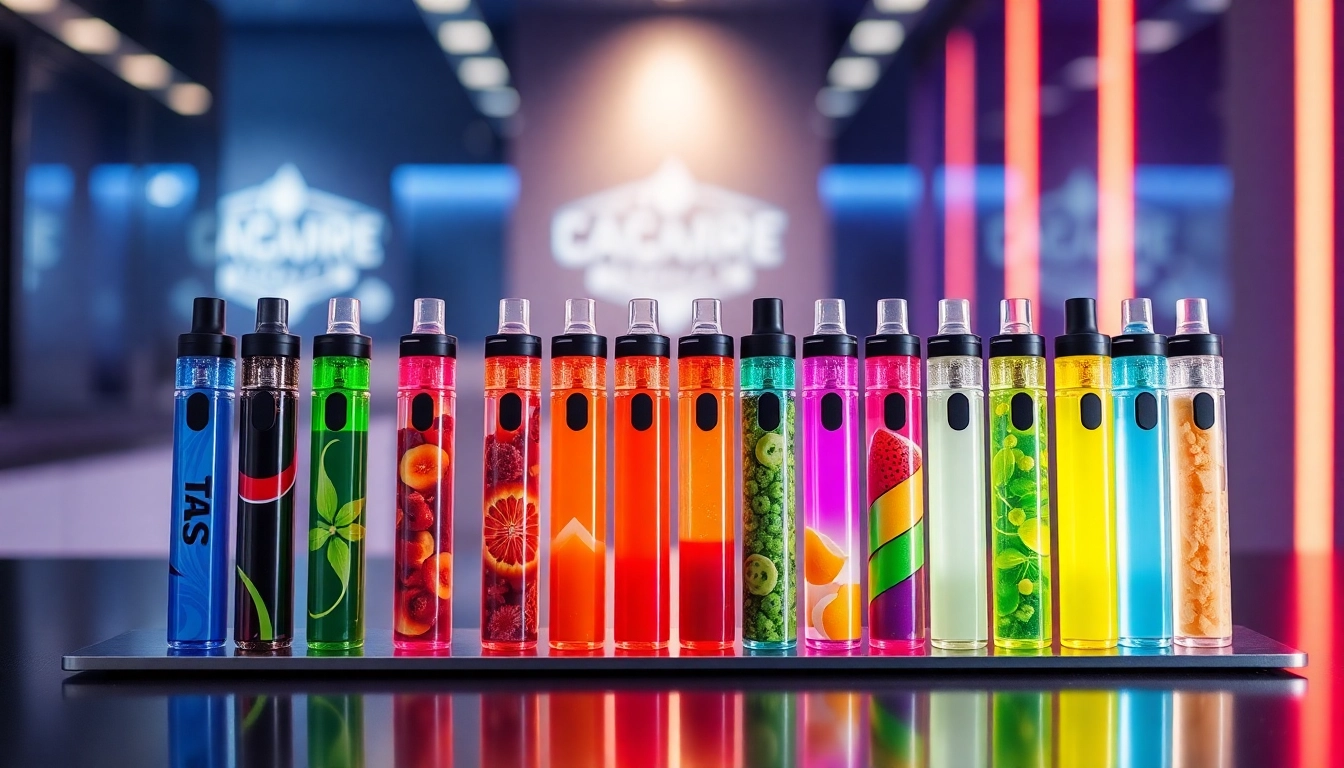 Explore dummy vapes in vibrant colors and rich flavors, displayed artistically on a clean surface.