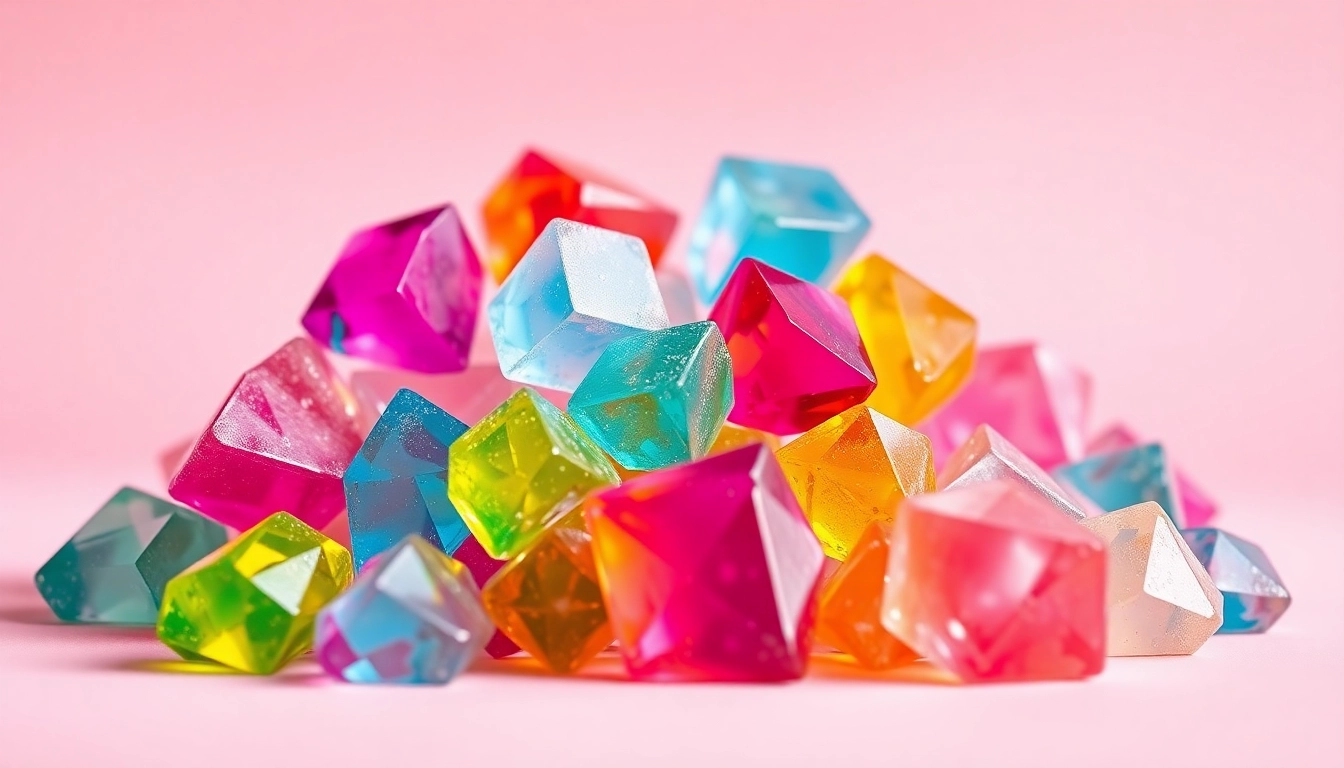 Enjoy delectable crystal candy shaped like gems, showcasing vibrant colors and glossy textures.