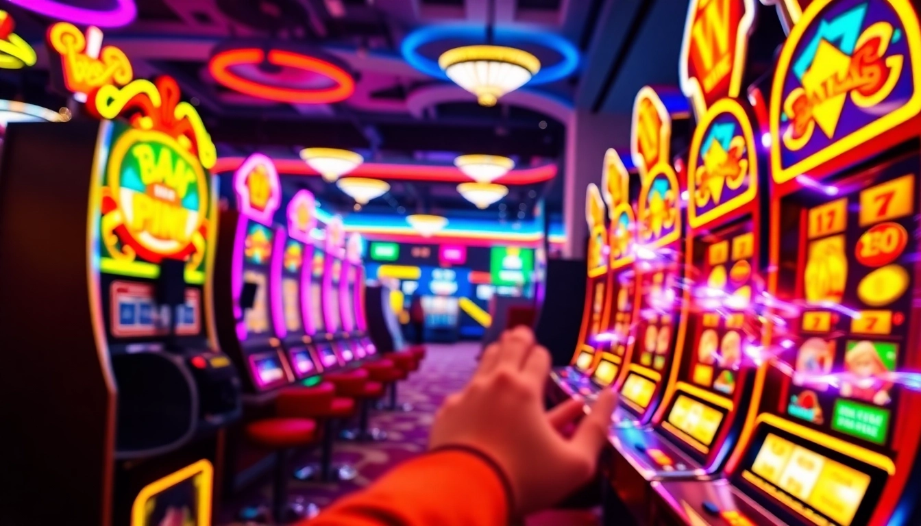 Experience excitement at สล็อตเว็บตรง100% with vibrant slot machines and neon lights in the background.