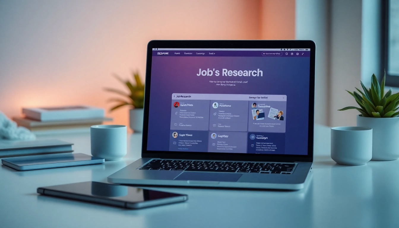 Utilize job research tools displayed on a sleek laptop in a modern workspace setting.