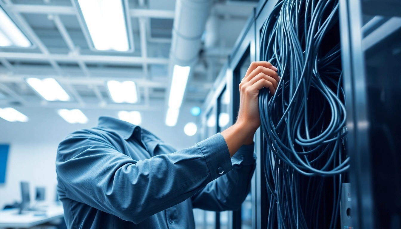 Technician performing a Data Cable Installation service in a modern office setting, ensuring a reliable network.