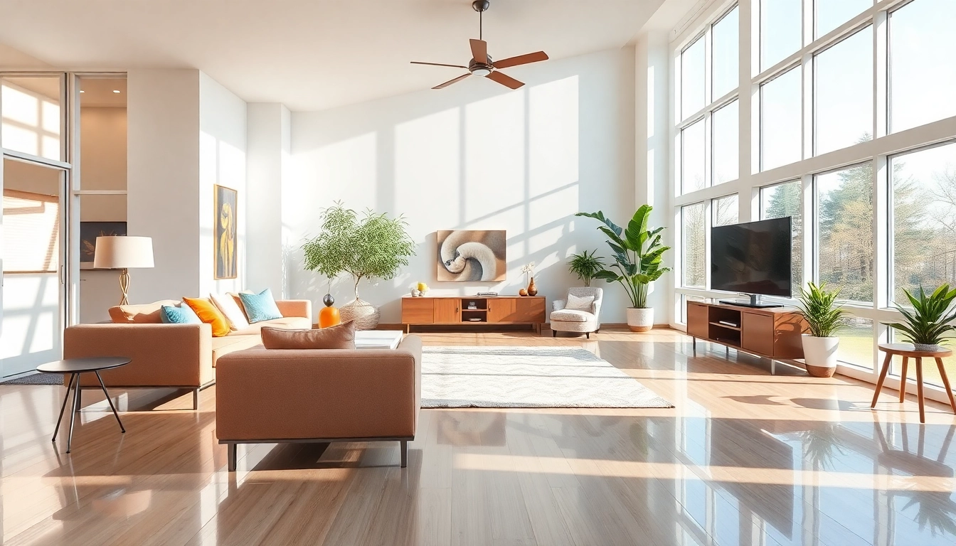 Bond cleaning Brisbane service showcasing a pristine living room with bright sunlight and shiny floors.