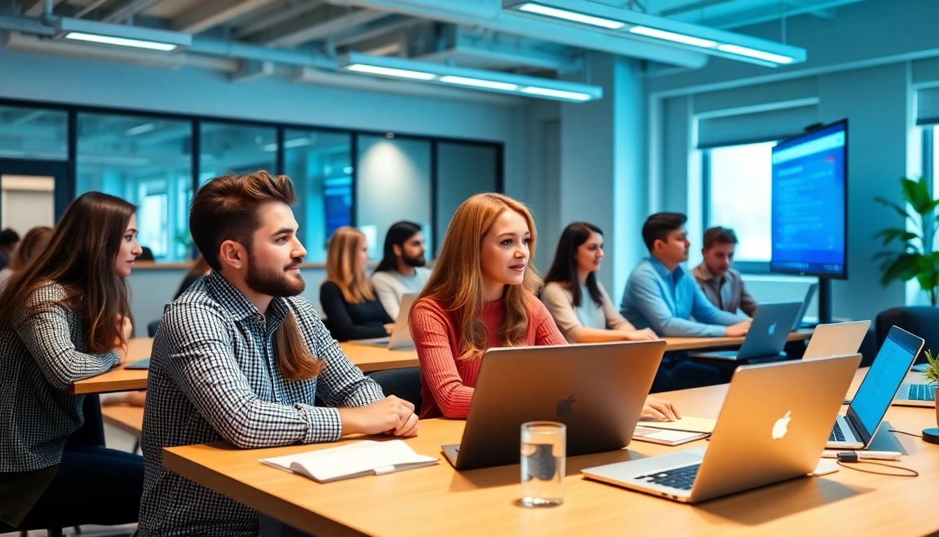 Students participating in the Δίπλωμα Digital Marketing Κύπρος program with interactive learning materials.