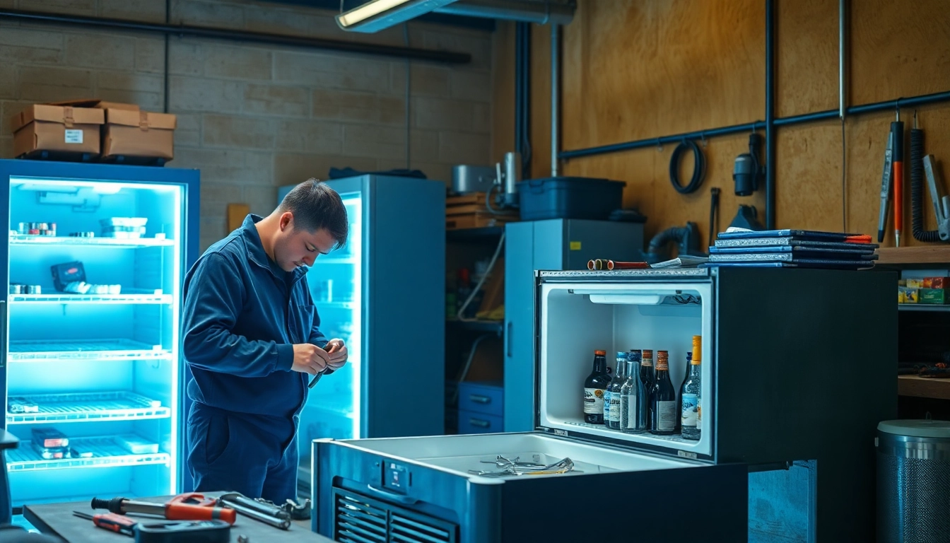 Technician engaged in beverage cooler repair, showcasing tools and machine components in a bright workshop.