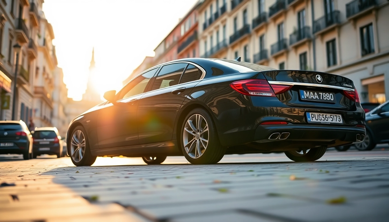 Rent a cheap car with driver in Madrid, featuring a sleek sedan against the city's stunning architecture.