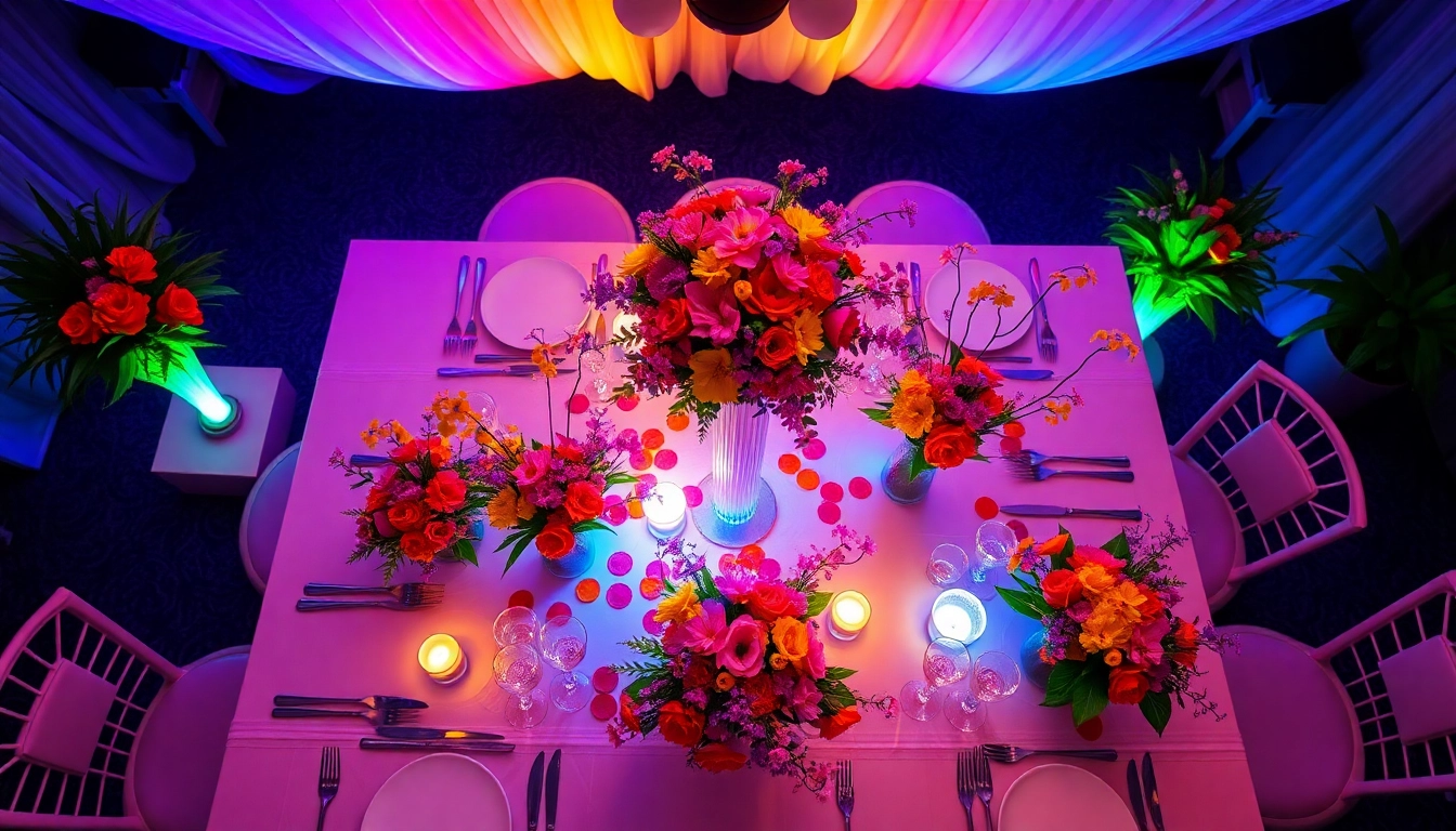 Decorated table showcasing a unique event with vibrant flowers and elegant lighting.