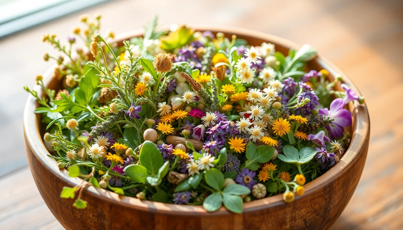 Showcasing a selection of herbs for creating an Alternative Smoking Blend, emphasizing their natural colors and textures.