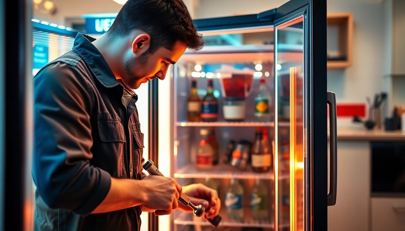 Technician performs beverage cooler repair, showcasing hands-on expertise in appliance maintenance.