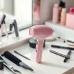 Stylish pink hairdressing tools exemplified by a modern air hair styler on a stylish vanity.