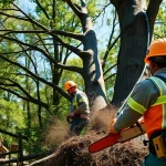 Emergency tree service team safely removing fallen trees after a storm.