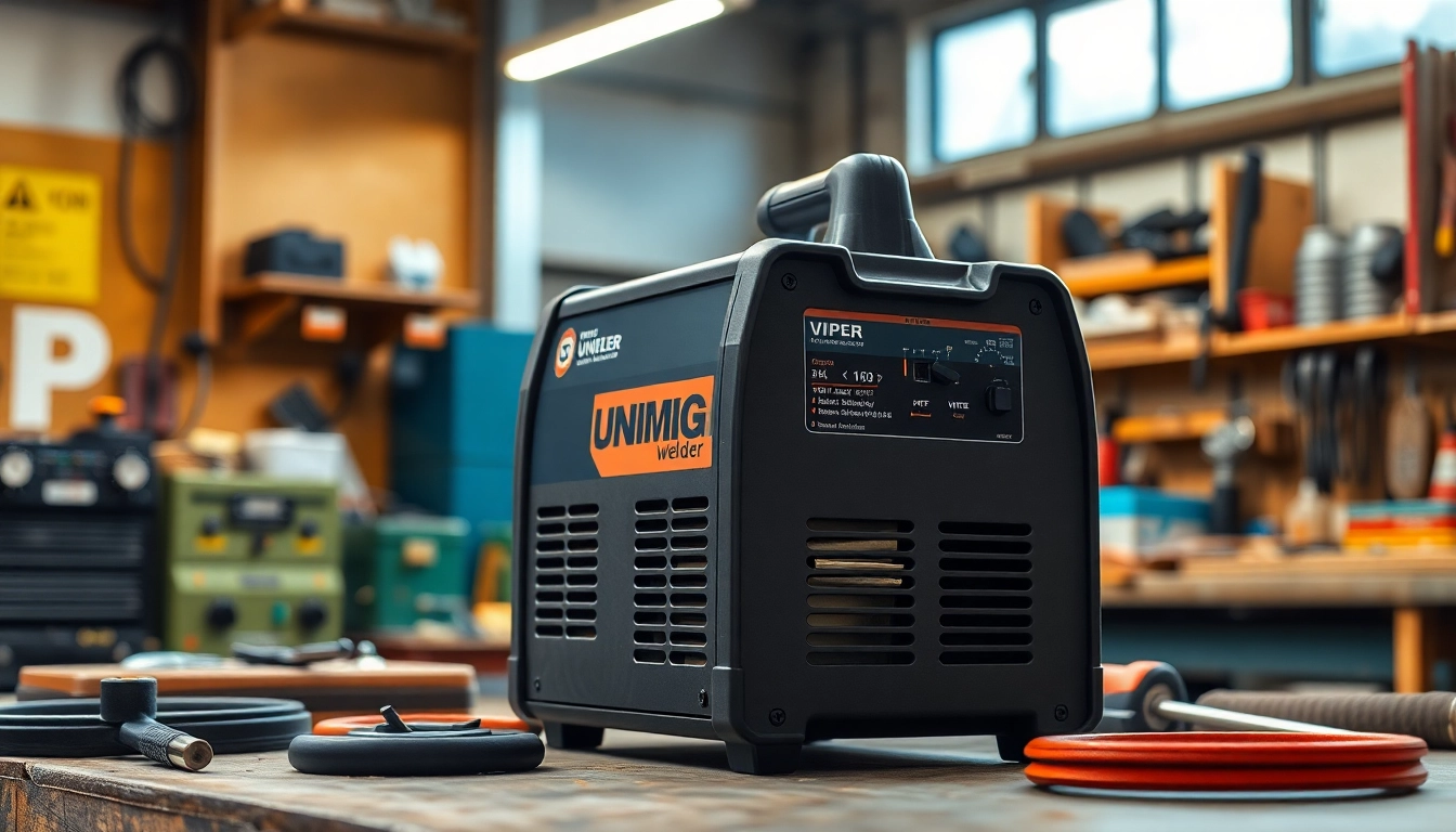 The Unimig Viper welder showcasing its sleek design and advanced features in an active workshop.