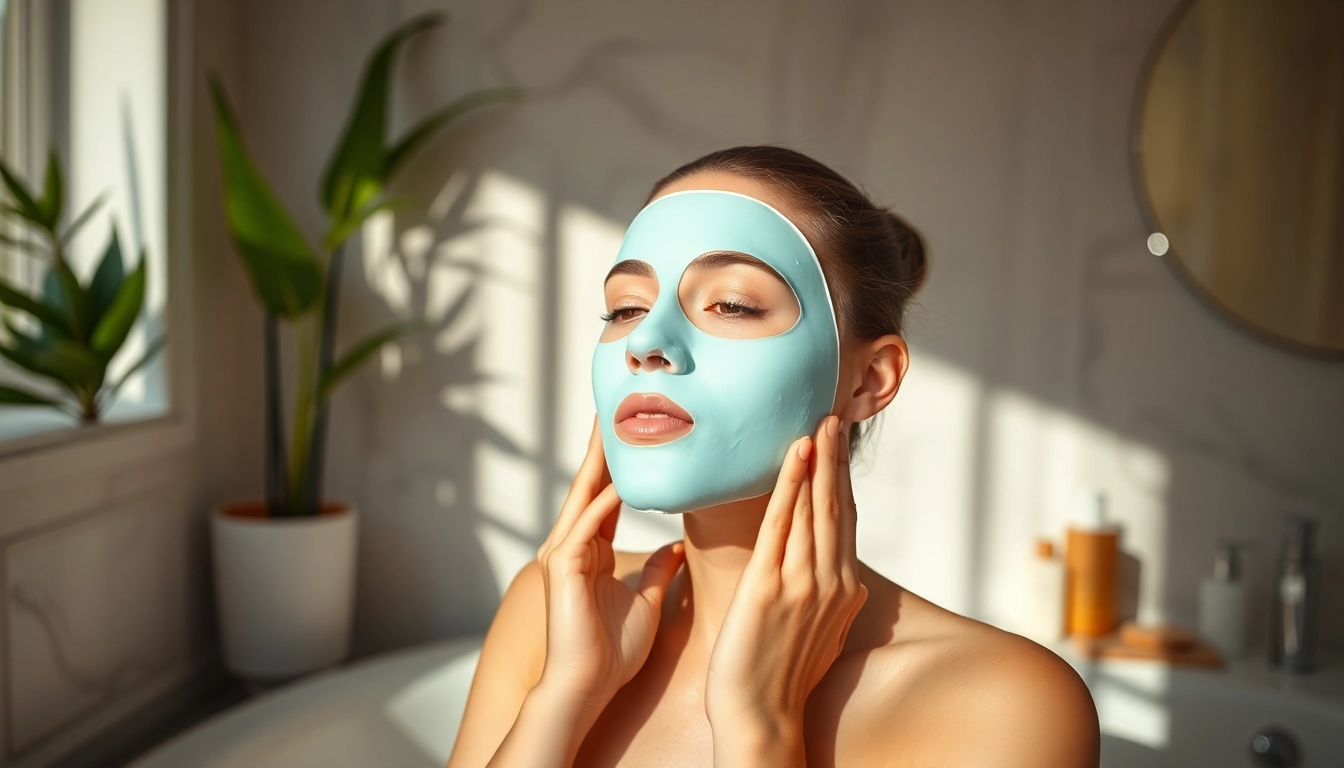 Person rejuvenating their skin with a sheet mask in a tranquil bathroom setting.