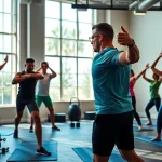 Engaged participants in small group training session demonstrating fitness exercises in a vibrant gym setting.