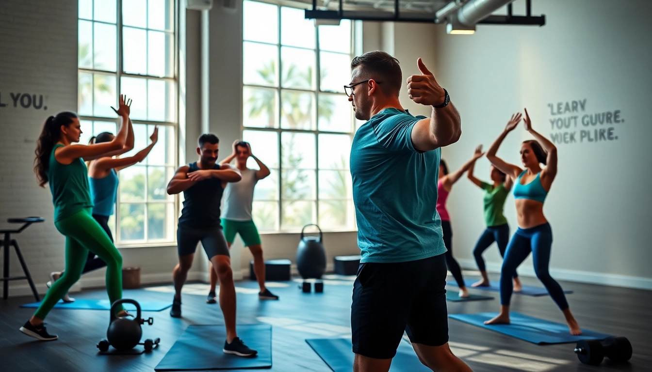 Engaged participants in small group training session demonstrating fitness exercises in a vibrant gym setting.