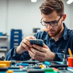 Servizio di Torino riparazione cellulari con un tecnico esperto al lavoro su uno smartphone.