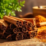 Cinnamon Bark pieces displayed beautifully with rustic elements on a wooden table.