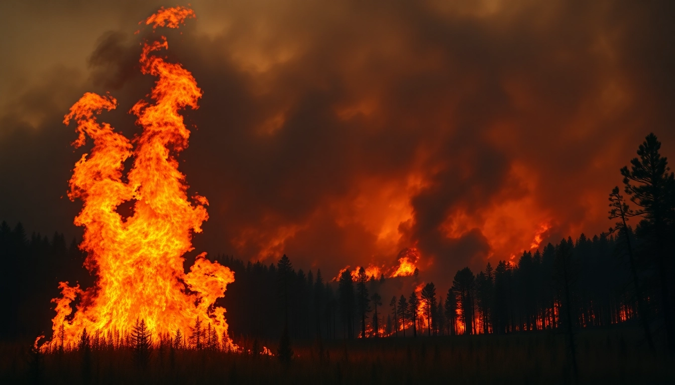 Capturing wildfire events with dramatic flames and smoke enveloping a forest landscape.