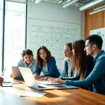 Entrepreneurs collaborating on startup services in a vibrant modern office setting.