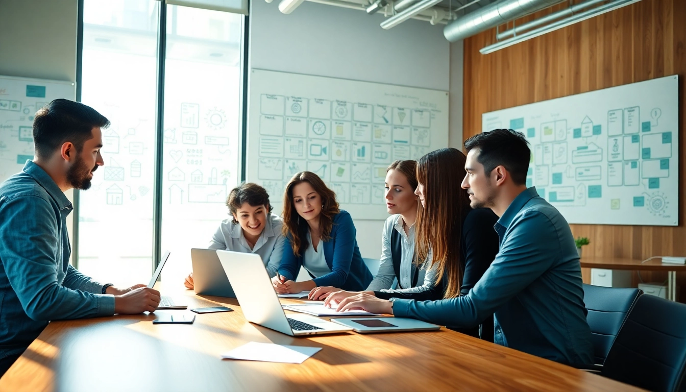 Entrepreneurs collaborating on startup services in a vibrant modern office setting.