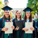 Showcase of original university degree UK held by proud graduates in a bright campus setting.