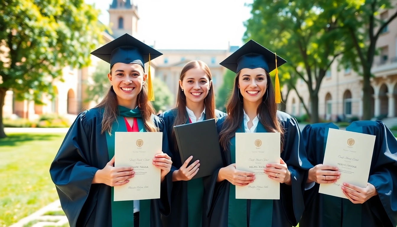 Showcase of original university degree UK held by proud graduates in a bright campus setting.