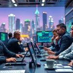 Engaged traders analyzing BasedChadHQ crypto charts in a vibrant trading environment.