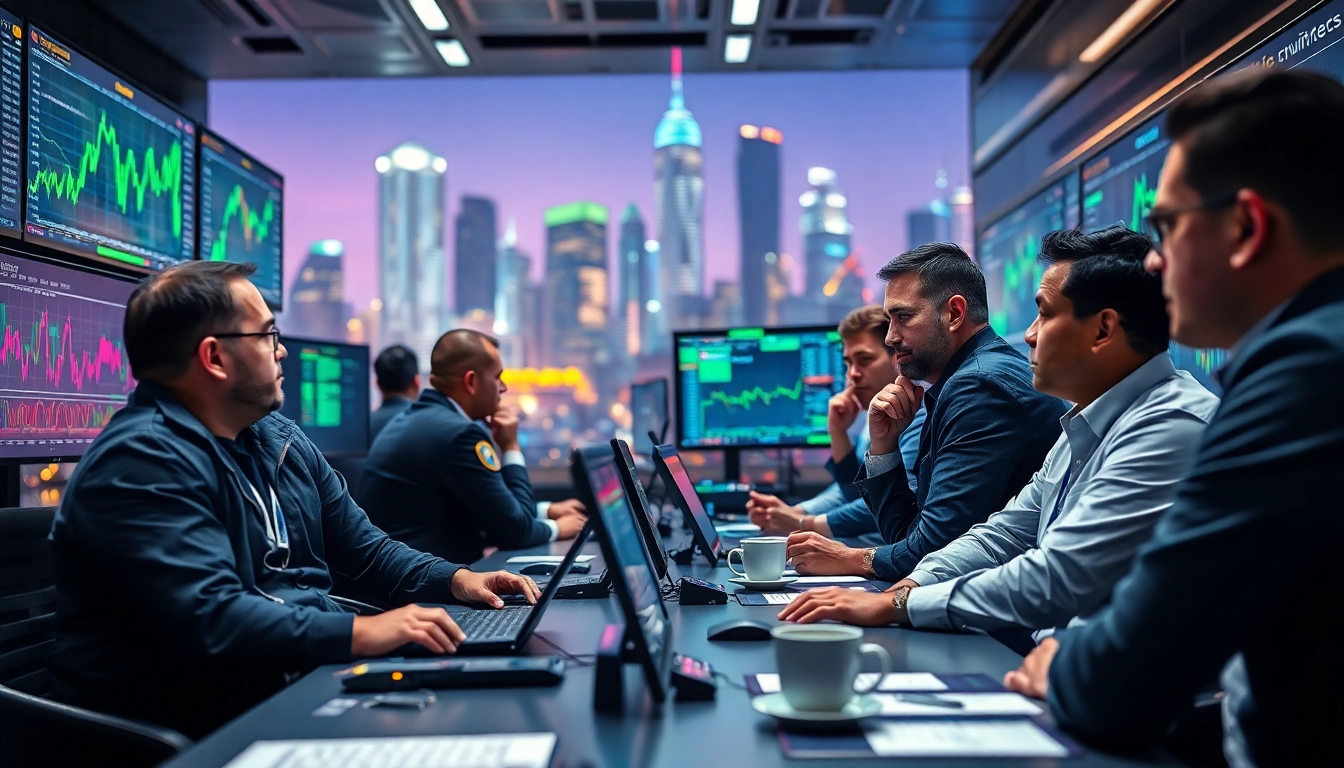 Engaged traders analyzing BasedChadHQ crypto charts in a vibrant trading environment.