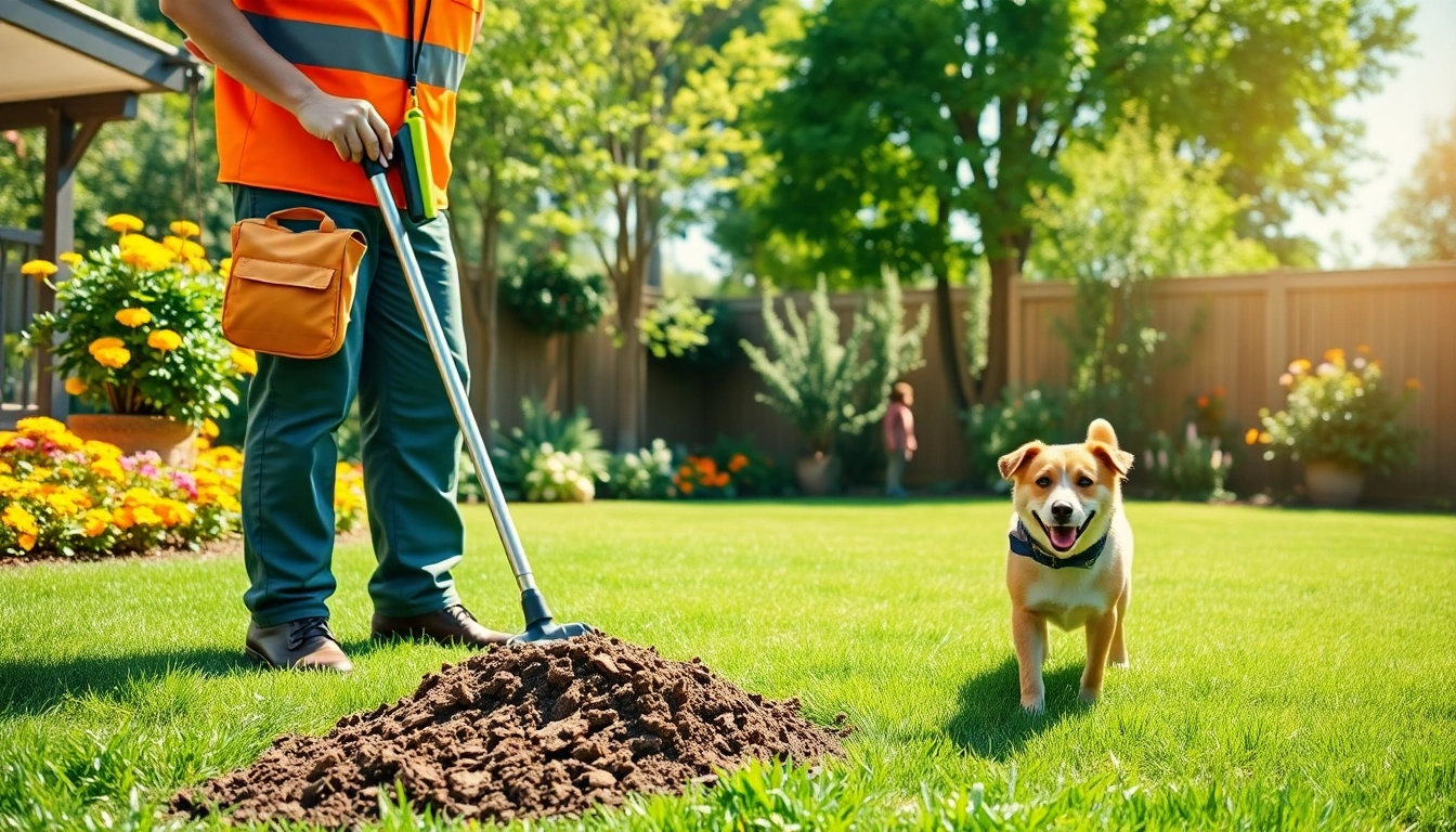 Weekly dog poop scooping service with a professional technician cleaning a backyard.
