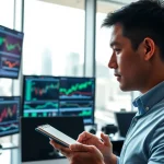 Trader engaged in analyzing trade futures market data, focused with charts in the background.