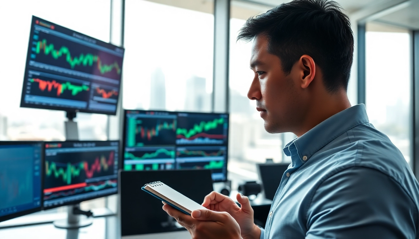 Trader engaged in analyzing trade futures market data, focused with charts in the background.