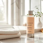 Apply a good face wash in a serene bathroom with elegant decor and soft lighting.