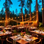 Host memorable wildfire events in a picturesque outdoor dining setup surrounded by lush nature.