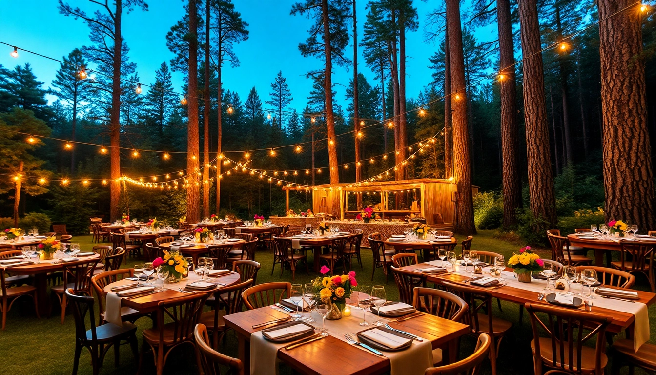 Host memorable wildfire events in a picturesque outdoor dining setup surrounded by lush nature.