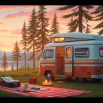 JRP Campers showcasing a retro camper van in a serene natural environment with a cozy picnic setup.
