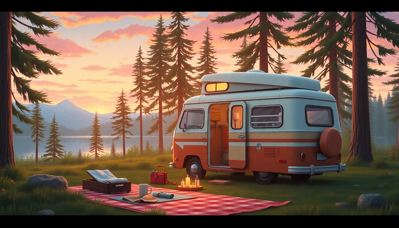 JRP Campers showcasing a retro camper van in a serene natural environment with a cozy picnic setup.