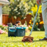Dog poop pickup in progress by a professional service in a clean, grassy yard.