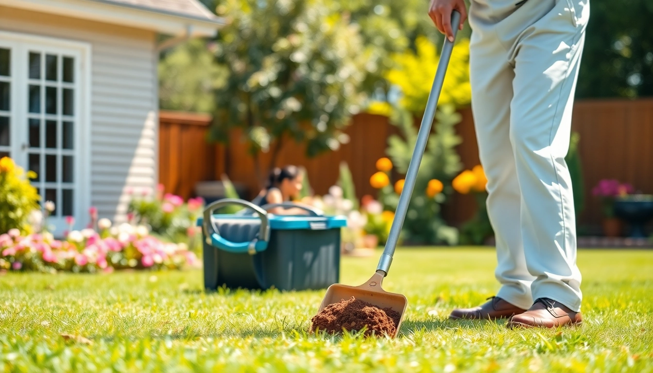 Dog poop pickup in progress by a professional service in a clean, grassy yard.
