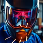 Welder utilizing a speedglas welding helmet in an industrial setting, highlighting its features and design.