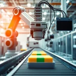 Visualize a machine vision system automating quality inspection in a modern factory environment.