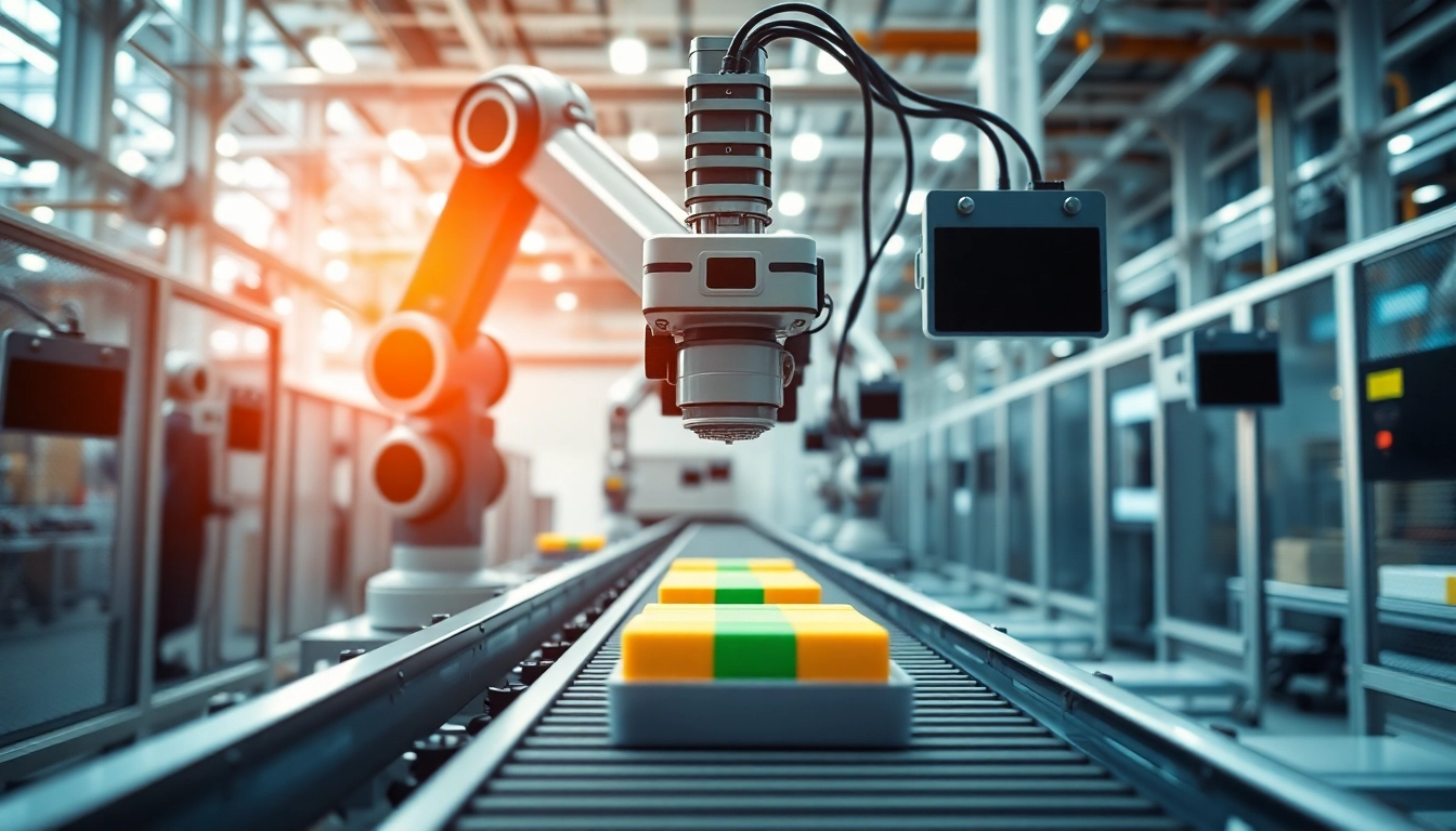Visualize a machine vision system automating quality inspection in a modern factory environment.
