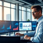 Engaged professional conducting competitor pricing research with analytics data on multiple screens.