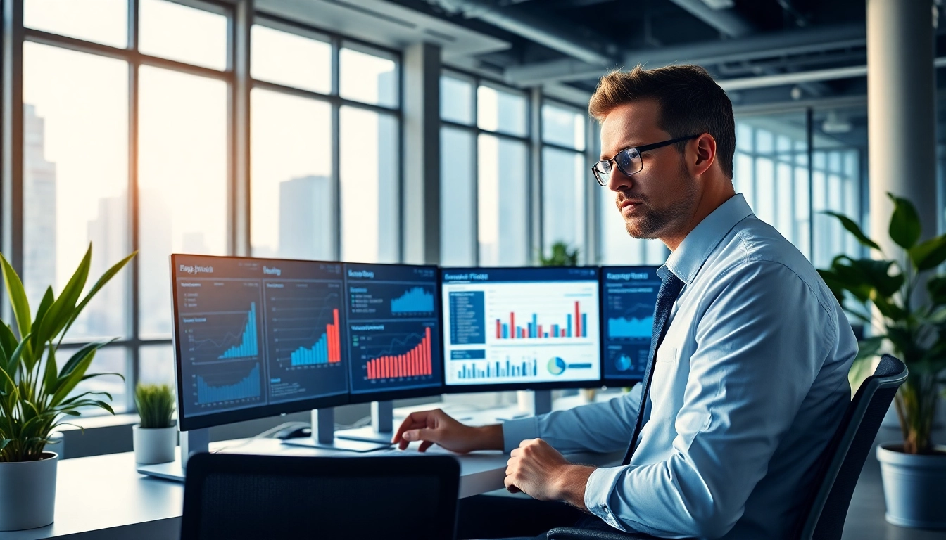 Engaged professional conducting competitor pricing research with analytics data on multiple screens.