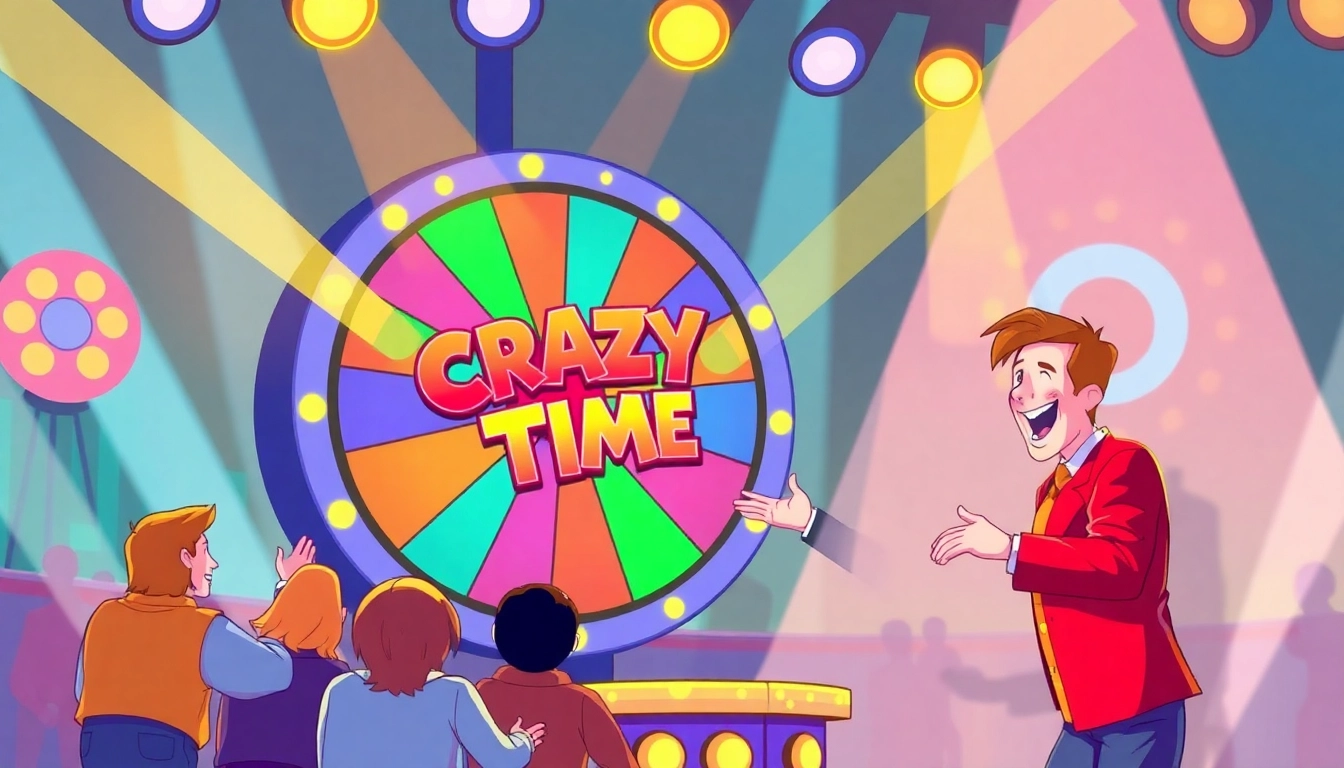 Experience thrilling Crazy Time statistiche with a lively host and colorful wheel in a game show setting.