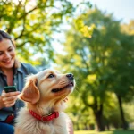 Engaging Dog Training Irvine session with a golden retriever and trainer in a sunny park.