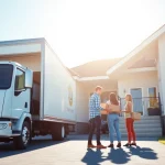Efficient cheap movers loading boxes into a truck in a sunny suburban setting.