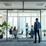 Enhance workspace functionality with movable glass partitions showcasing modern office aesthetics.