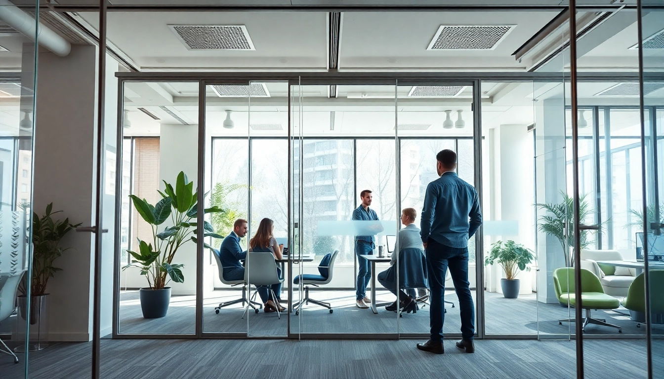 Enhance workspace functionality with movable glass partitions showcasing modern office aesthetics.