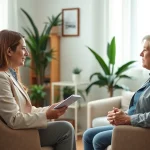 Supportive therapist helping a client dealing with anxiety in a peaceful setting.