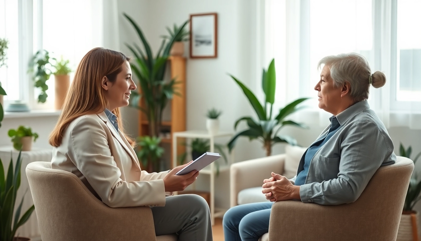 Supportive therapist helping a client dealing with anxiety in a peaceful setting.